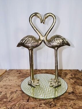 Gold Flamingo Heart Pair Wedding Cake Topper + Chevron Glass Base 🦩